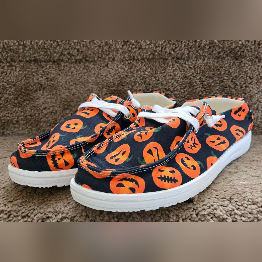 Halloween Pumpkin Print Multi Faced Heydude Styled Shoes NWOT